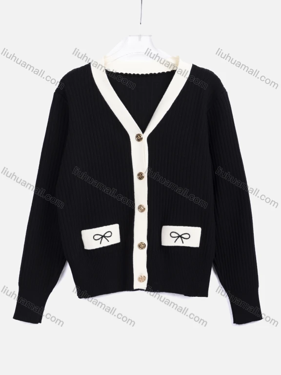 Wholesale Women's Casual Plain V Neck Long Sleeve Button Down Pocket Knit Cardigan 2710#