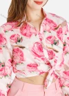 Wholesale Women's Fall Peony Print Button Front Knot Hem Crop Shirt - Liuhuamall