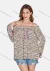 Wholesale Women's Casual Vintage Off Shoulder Floral Allover Print Ruffle Trim Long Sleeve Tassel Blouse E3282# - Liuhuamall