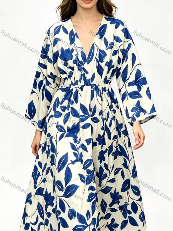 Wholesale Women's V-Neck Floral Print Maxi Dress