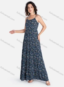 Wholesale Women's Casual Floral Print Spaghetti Straps Shirred Ruffle Hem Maxi Cami Dress, LIUHUA CLOTHING WHOLESALE