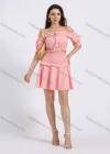 Wholesale Women's Layered Ruffled Trim Shirred Off Shoulder Plain Crop Top 2 Piece Set - Liuhuamall