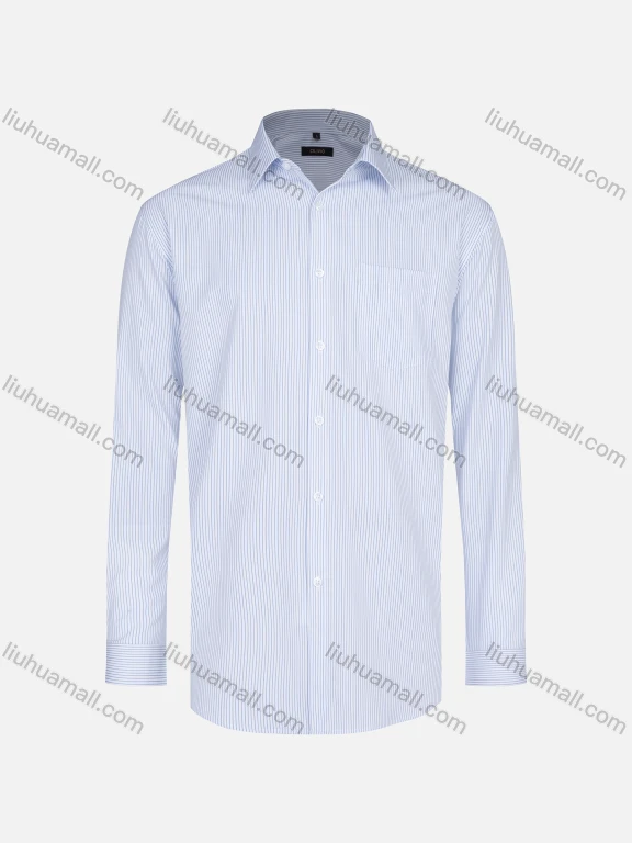 Wholesale Men's Business Collared Striped Print Patch Pocket Button Down Long Sleeve Shirt