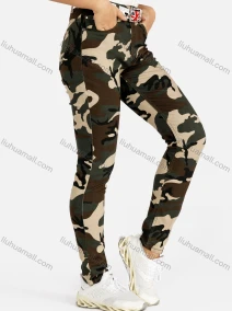 Wholesale Women's Camouflage Print Pocket Skinny Long Pants With Belt, LIUHUA CLOTHING WHOLESALE