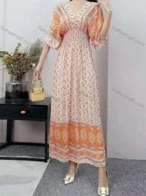 Wholesale Women's Boho V Neck Half Sleeve Folkloric Print Peplum Dress, LIUHUA CLOTHING WHOLESALE