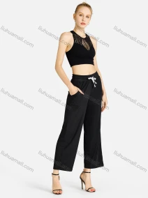Wholesale Women's Casual Plain Cut Out Tank Top & Drawstring Pockets Wide Leg Pant Set, LIUHUA CLOTHING WHOLESALE