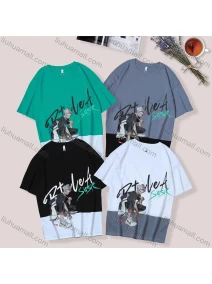 Wholesale Unisex's Men/Women Casual Colorblock Letter & Cartoon Print Round Neck Short Sleeve Tee, LIUHUA CLOTHING WHOLESALE