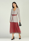 Wholesale Women's Plaid Lapel Belted Blazer With Pleated Veil Skirt 2 Piece Set - Liuhuamall