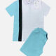 Men's Casual Collared Short Sleeve Striped Polo Shirt & Shorts 2 Pieces Set White+Blue Clothing Wholesale Market -LIUHUA