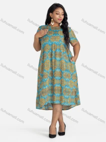 Wholesale Women's Casual Round Neck Folkloric Print Dual Pockets Midi Dress, LIUHUA CLOTHING WHOLESALE