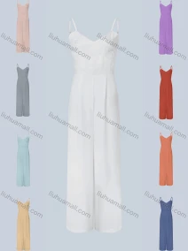 Wholesale Women's Plain V Neck Spaghetti Strap Backless Tie Wide Leg Jumpsuit, LIUHUA CLOTHING WHOLESALE