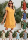 Wholesale Women's Casual Plain Crew Neck Short Sleeve Eyelet Scallop Edge Ruffle Hem Short Dress - Liuhuamall