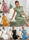 Wholesale Women's Elegant Shirt Collar Sleeveless Ruffle Trim Button Closure Plain Midi Dress With Belt ZX-4# - Liuhuamall