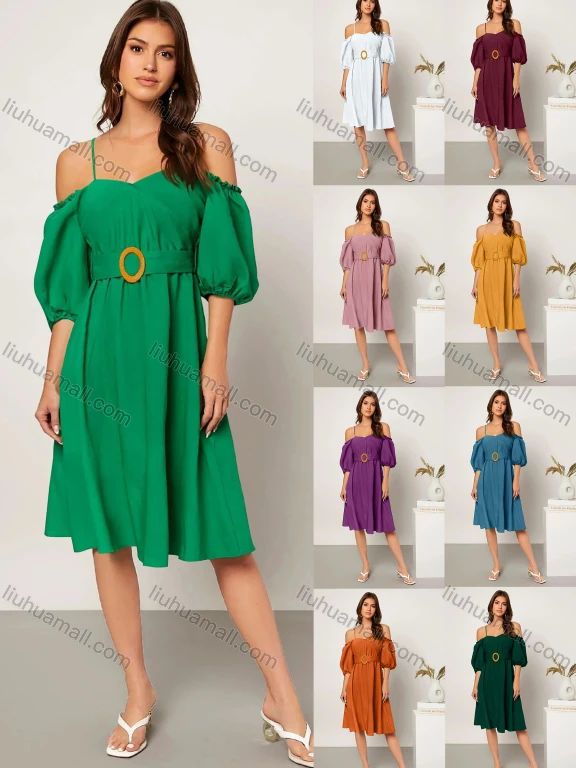 Wholesale Women's Casual Off Shoulder Spaghetti Strap Plain Dress With Belt