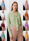 Wholesale Women's Casual Long Sleeve Tie Neck Ruched Back Plain Tops - Liuhuamall