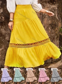 Wholesale Women's Casual Shired Hollow Out Ruffle Hem Plain Midi Skirts, LIUHUA CLOTHING WHOLESALE