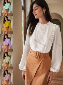 Wholesale Women's Casual Plain Lace Trim Long Sleeve Blouse, LIUHUA CLOTHING WHOLESALE