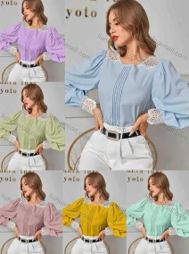 Wholesale Women's Casual Plain Guipure Lace Long Sleeve Blouse, LIUHUA CLOTHING WHOLESALE