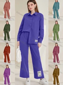 Wholesale Women's Casual Plain Long Sleeve Labelled Shirts & Wide Leg Pants 2 Piece Set ZX-68#, LIUHUA CLOTHING WHOLESALE