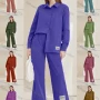 Wholesale Women's Casual Plain Long Sleeve Labelled Shirts & Wide Leg Pants 2 Piece Set ZX-68# preview