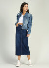 Wholesale Women's Casual Dark Blue Back Slit High Waist Zip Fly Slant Pocket Denim Skirt - Liuhuamall