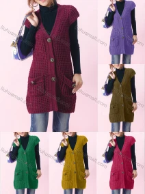 Wholesale Women's Casual Plain V-neck Short Sleeve Mesh-knit Button Down Long Sweater Cardigan With Pockets 6879#, LIUHUA CLOTHING WHOLESALE