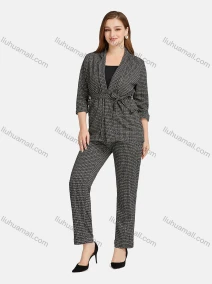 Wholesale Women's Casual Lapel Plaid Patch Pockets Tie Front Cardigan 2-piece Set, LIUHUA CLOTHING WHOLESALE