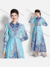 Wholesale Women's Elegant Collared Long Sleeve Floral Maxi A-line Dress 3568#, LIUHUA CLOTHING WHOLESALE