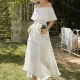 Wholesale Woman's Elegant Plain Off Shoulder Ruched Ruffle Hem Peplum Maxi Dress White Clothing Wholesale Market Liuhua