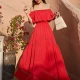 Wholesale Woman's Elegant Plain Off Shoulder Ruched Ruffle Hem Peplum Maxi Dress Red Clothing Wholesale Market Liuhua