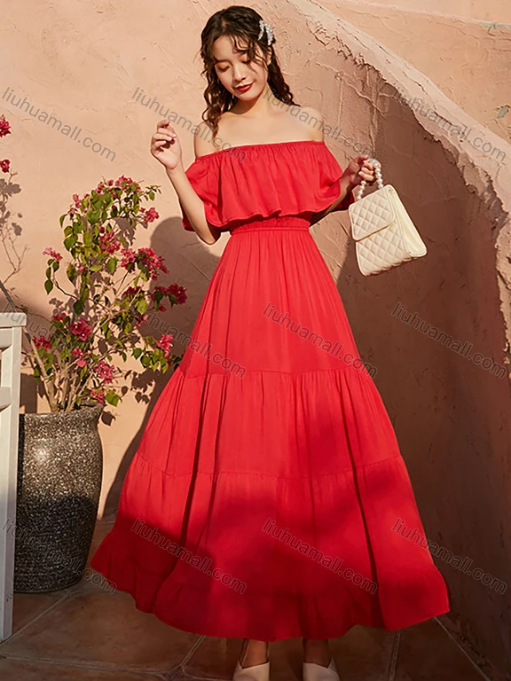 Wholesale Woman's Elegant Plain Off Shoulder Ruched Ruffle Hem Peplum Maxi Dress