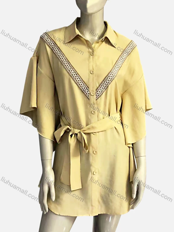Wholesale Women's Vintage Drop Shoulder Collared Embroidery Trim Shirt Dress