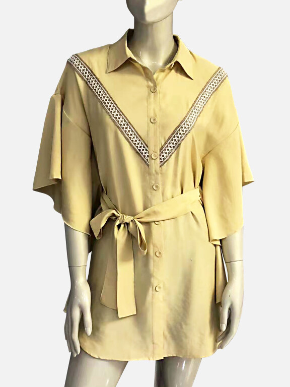 Women's Vintage Drop Shoulder Collared Embroidery Trim Shirt Dress, Clothing Wholesale Market -LIUHUA, Dress%20Shirts