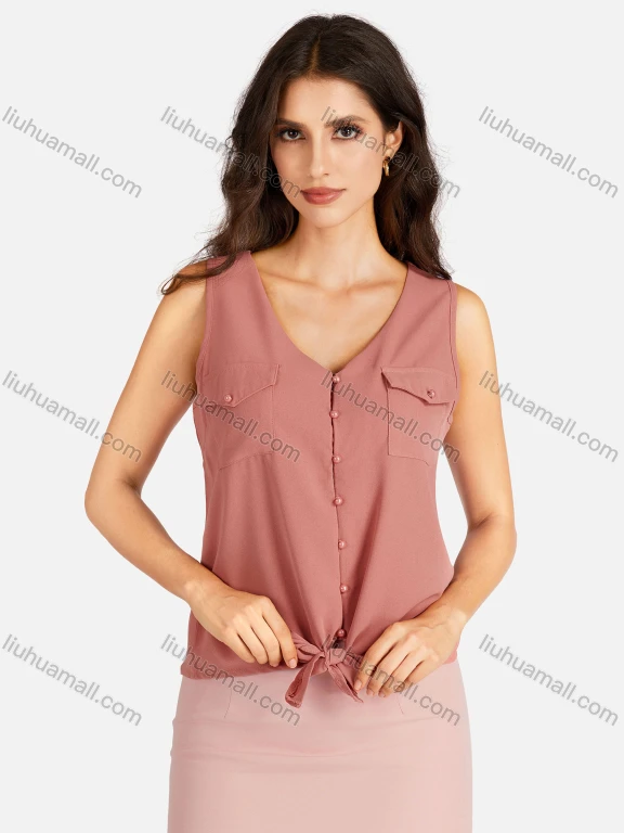 Wholesale Women's Casual Plain Flap Pockets V Neck Buttons Down Vest Tank Top