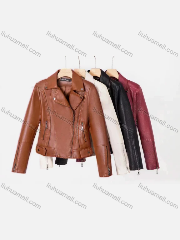 Wholesale Women's Casual Plain Lapel Long Sleeve Zipper PU Leather Jacket