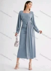 Wholesale Women's Casual Plain Square Neck Long Sleeve High Waist Ruched Midi Dress - Liuhuamall