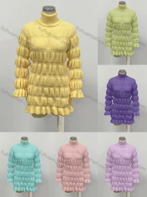 Wholesale Women's Plain Turtleneck Marie Sleeve Ruffle Hem Mid Length Sweater, LIUHUA CLOTHING WHOLESALE