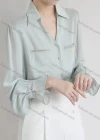 Wholesale Women's Fashion V Neck Poet Sleeve Button Down Patch Pocket Ruched Plain Shirts - Liuhuamall