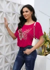 Wholesale Women's Casual Butterfly Print Rhinestone Crew Neck Short Sleeve Blouse - Liuhuamall