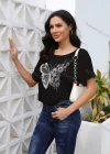 Wholesale Women's Casual Butterfly Print Rhinestone Crew Neck Short Sleeve Blouse - Liuhuamall