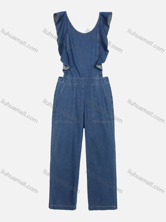 Wholesale Women's Flounce Sleeveless Slim Waist Wide Leg Round Neck Patch Pocket Denim Jumpsuit