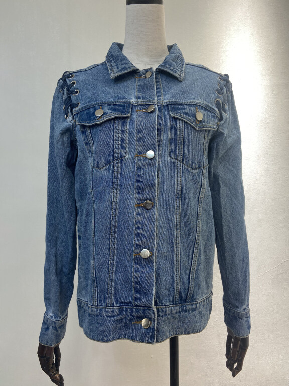 Women's Fashion Plain Button Down Lace Up Wash Fake Pocket Denim Jacket, Clothing Wholesale Market -LIUHUA, 
