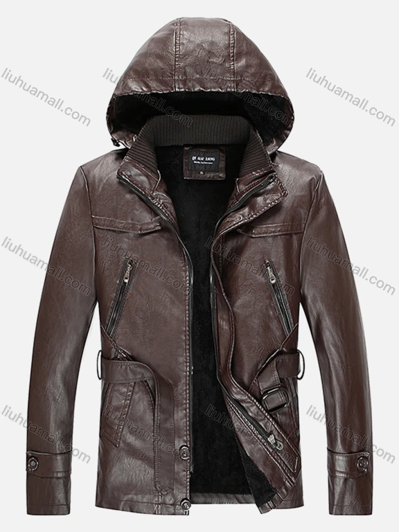Wholesale Men's Plain Hooded Long Sleeve Zipper Pockets PU Leather Jacket With Belt 1922#