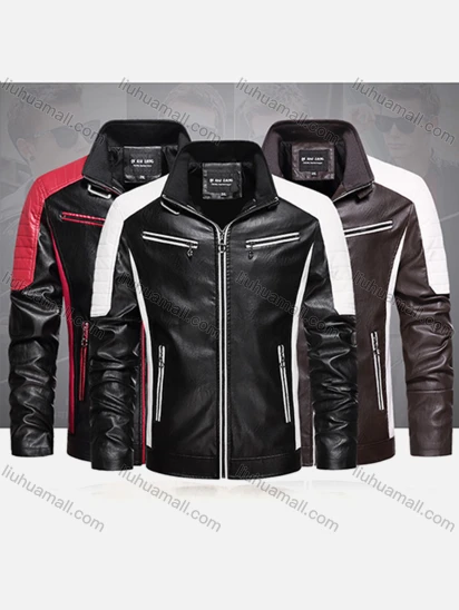 Wholesale Men's Plain Contrast Stand Collar Long Sleeve Zipper Pockets PU Leather Jacket 1981#