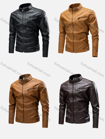 Wholesale Men's Plain Stand Collar Long Sleeve Zipper Pockets PU Leather Jacket 2281#