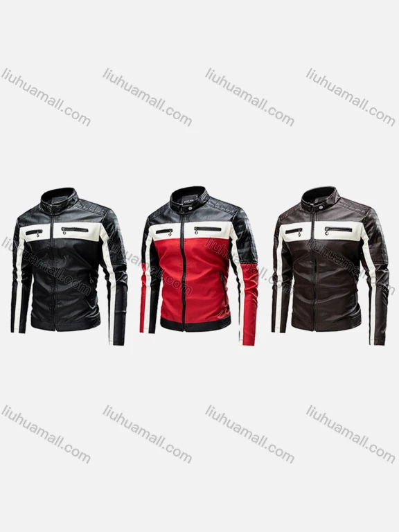 Wholesale Men's Trendy Colorblock Contrast Stand Collar Long Sleeve Zipper Pockets PU Leather Jacket 2286#