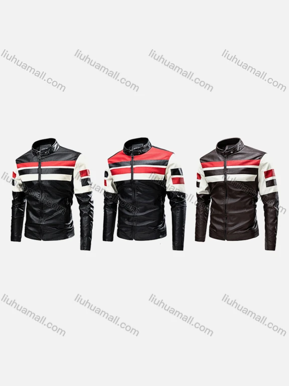 Wholesale Men's Trendy Striped Contrast Stand Collar Long Sleeve Zipper Pockets PU Leather Jacket 2288#