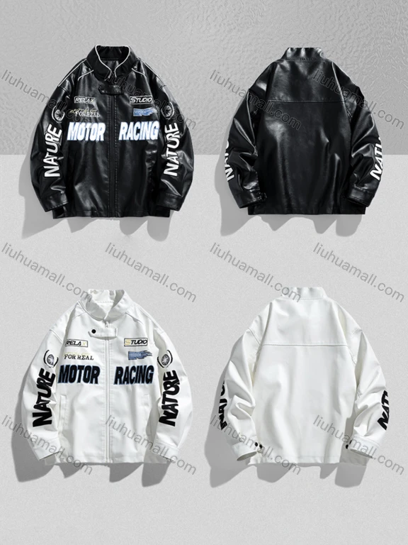 Wholesale Men's Trendy Letter Stand Collar Long Sleeve Patch Pocket PU Leather Jacket 2388#