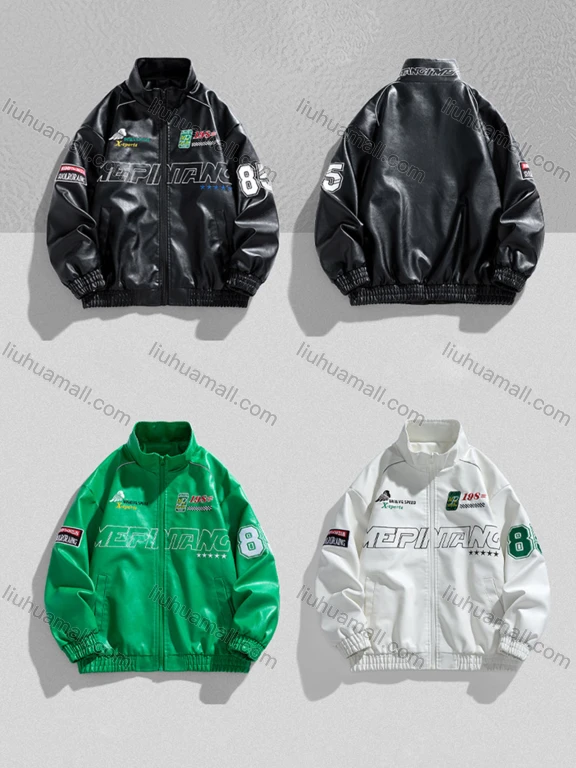 Wholesale Men's Trendy Letter Stand Collar Long Sleeve Patch Pocket PU Leather Jacket 2389#