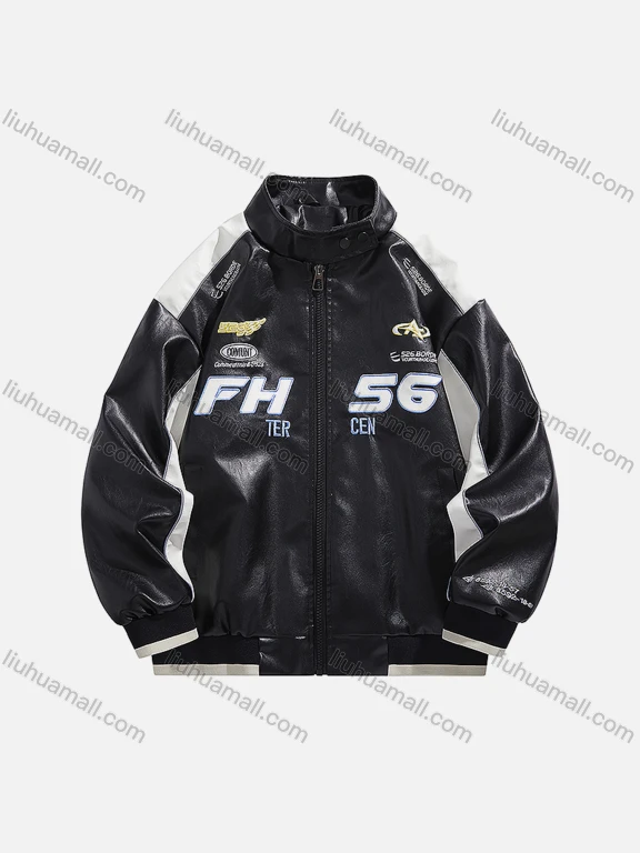 Wholesale Men's Trendy Letter Contrast Stand Collar Long Sleeve Patch Pocket PU Leather Jacket 2566#